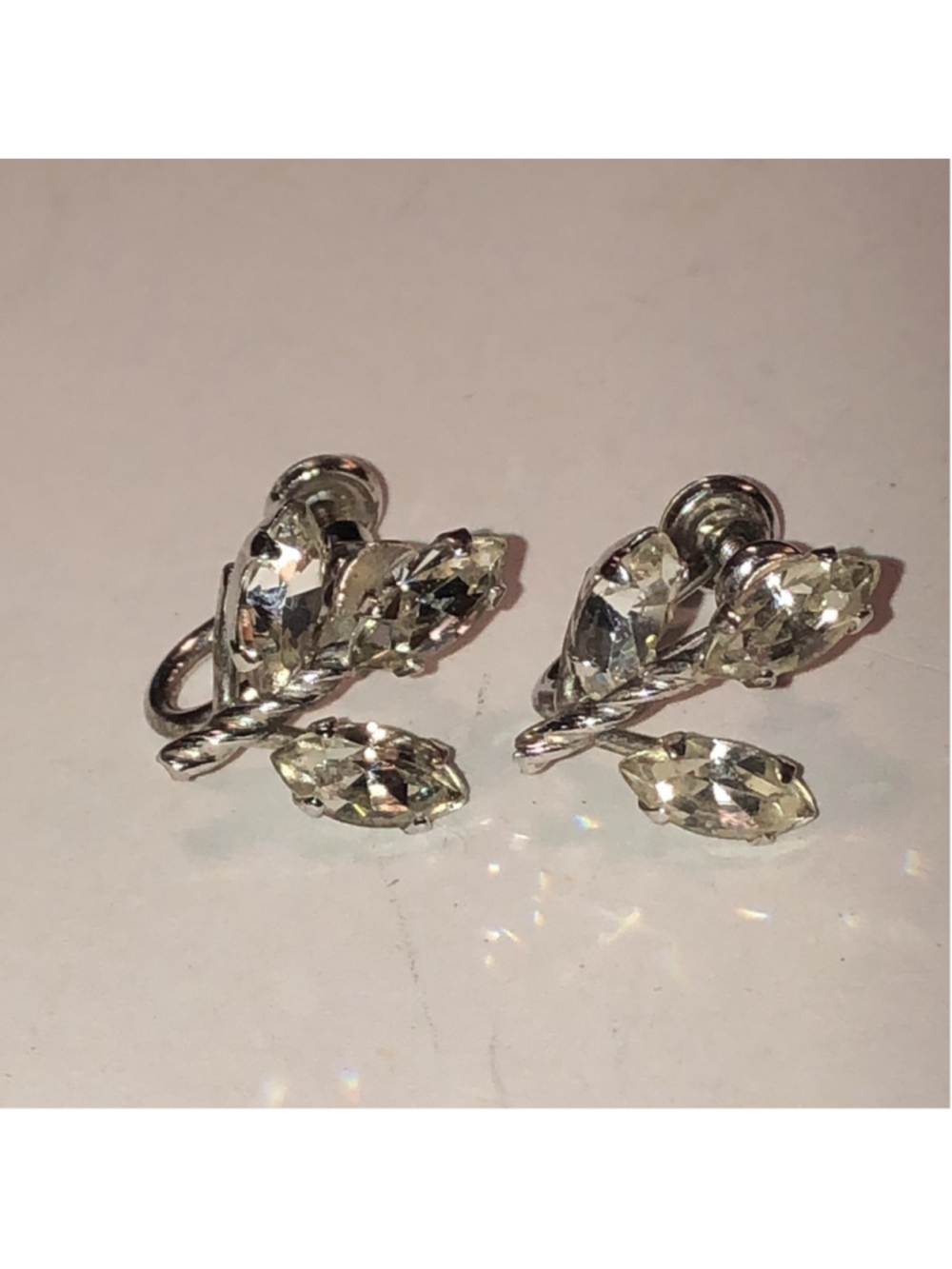 Van Dell Sterling Crystal Rhinestone Flower Screw Back Clip On Earrings